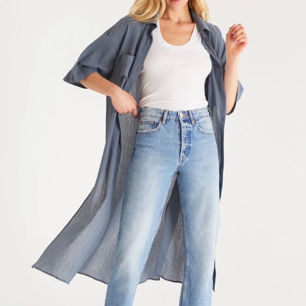 Z Supply Lina Button-Up Duster Short Sleeve Long Length Blue Size XS Women's NWT